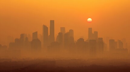 Obraz premium Hazy sunrise cityscape, smog-filled sky, distant buildings, urban pollution, environmental impact poster