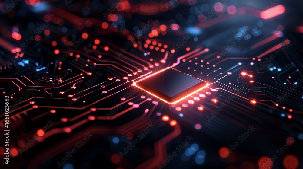 Poster a glowing microchip on a circuit board with intricate red and blue pathways.