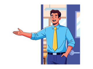 Warm Welcome: A welcoming gesture from a smartly dressed man in an open doorway, a symbol of hospitality, inviting viewers to step inside, a beacon of approachability and openness.