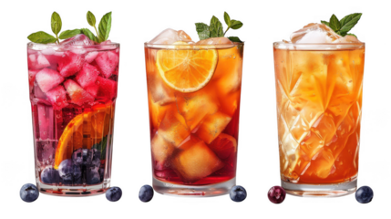 Bahama Mama, Cape Coder, Canchanchara cocktail PNG set bundle, transparent isolated background. Mixology, bar menu cocktails, colorful vibrant refreshing mixed drink with garnish