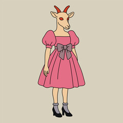 Character with goat head wearing pink puff sleeve dress with large bow frilly socks and black heels