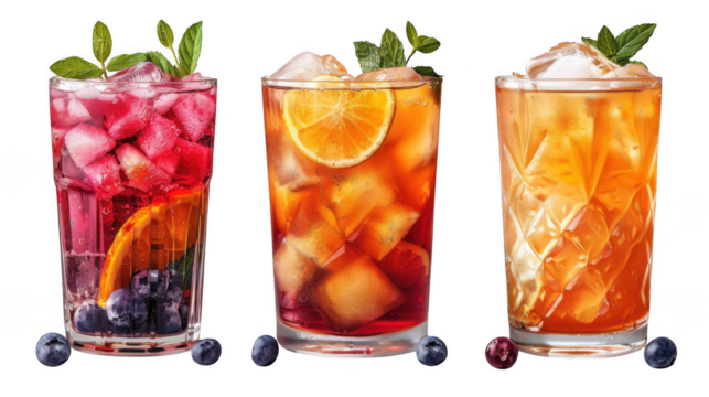 Bahama Mama, Cape Coder, Canchanchara cocktail PNG set bundle, transparent isolated background. Mixology, bar menu cocktails, colorful vibrant refreshing mixed drink with garnish