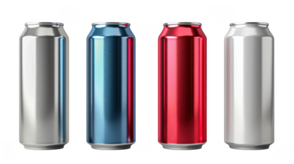 Cola soda aluminum drink can mockup transparent PNG cutout set bundle, isolated background. Basic gray, red, white color, standard 12 oz size.