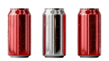 Cola soda aluminum drink can mockup transparent PNG cutout set bundle, isolated background. Basic gray, red, white color, standard 12 oz size.