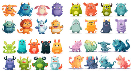 Fototapeta premium Collection of adorable cartoon monsters in bright colors and fun poses. Perfect for kids’ design, nursery art, stickers, and creative illustrations.