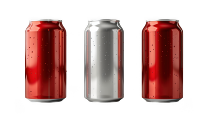 Cola soda aluminum drink can mockup transparent PNG cutout set bundle, isolated background. Basic gray, red, white color, standard 12 oz size.