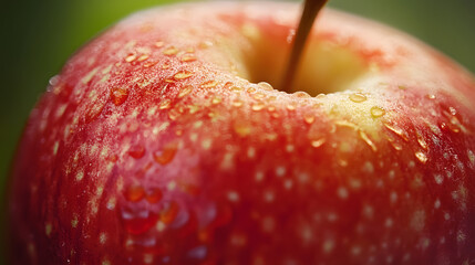 Close-up of a Red Apple with Water Droplets and Stem