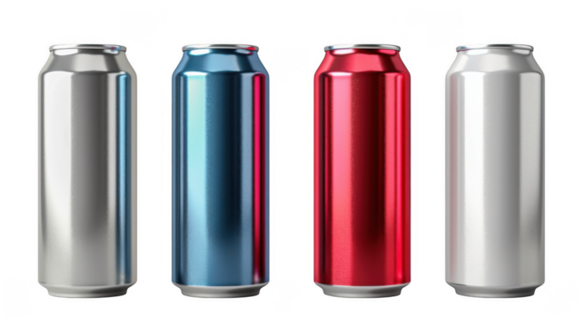 Cola soda aluminum drink can mockup transparent PNG cutout set bundle, isolated background. Basic gray, red, white color, standard 12 oz size.