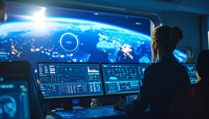 Astronauts in Control Room:  Inside a state-of-the-art control room, astronauts focus intently on complex data displays with a vast view of Earth in the background.