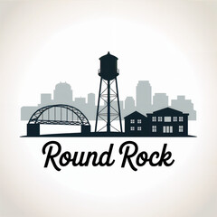 Fototapeta premium Round Rock Skyline Silhouette — Historic Texas City with Scenic Creek Views Vector Illustration