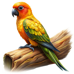 Fototapeta premium Sun conure parrot perched on a branch isolated on transparent background