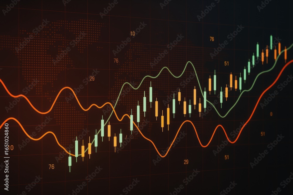 Poster digital candlestick stock chart with fluctuating market lines and numbers on dark grid world map bac