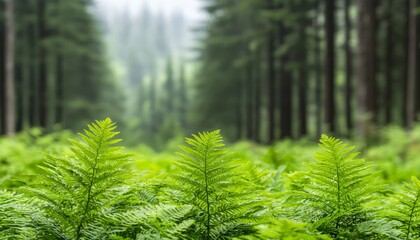 Obraz premium Lush ferns thrive in a misty, dense forest, surrounded by tall trees under a serene atmosphere.
