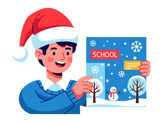 Festive School Announcement: A cheerful student, adorned in a Santa hat, enthusiastically presents a seasonal school announcement.