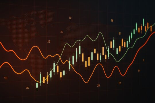 Digital candlestick stock chart with fluctuating market lines and numbers on dark grid world map background showing financial trend concept.