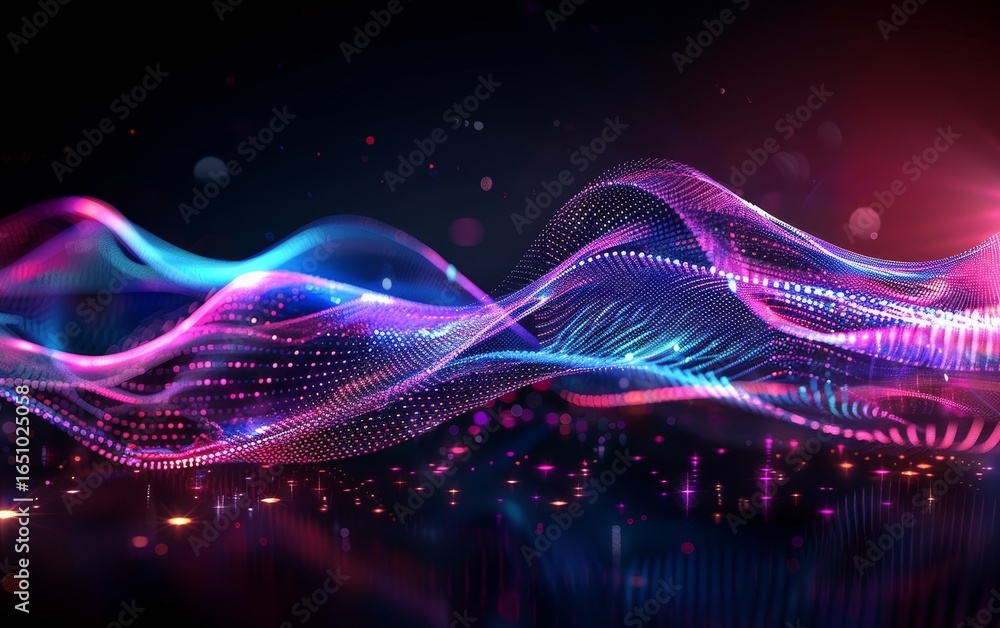 Poster vibrant abstract waves with glowing dots and lines in a dark space, creating a dynamic and colorful 