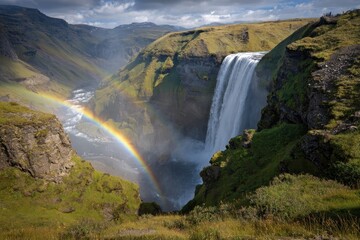 Icelandic waterfall, rainbow, canyon, summer, landscape, travel, nature, scenic view