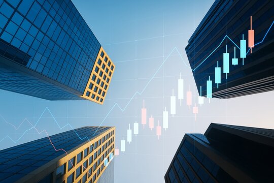 Skyscrapers with financial chart overlay on light blue background symbolizing business growth and financial data analysis concept. - Powered by Adobe