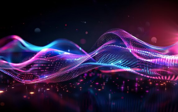Vibrant abstract waves with glowing dots and lines in a dark space, creating a dynamic and colorful digital landscape. - Powered by Adobe