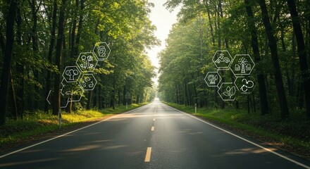 Fototapeta premium Road to Sustainability Green Future - Scenic road through lush forest with sustainability icons, representing a path towards environmental responsibility and a greener future