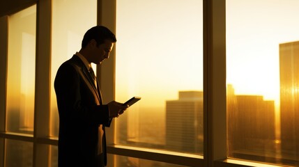 Businessman in silhouette using smartphone against sunset skyline, reflecting on day’s achievements
