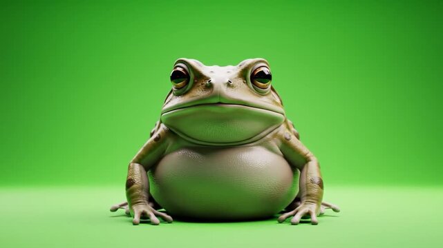 A captivating front-facing portrait of a curious amphibian, a chunky toad with prominent eyes, resting against a vibrant green background, highlighting its unique features and engaging presence.