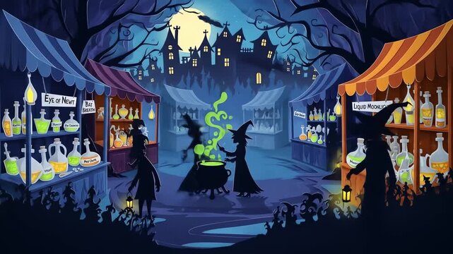 Halloween market with witches and potion stalls under a full moon
