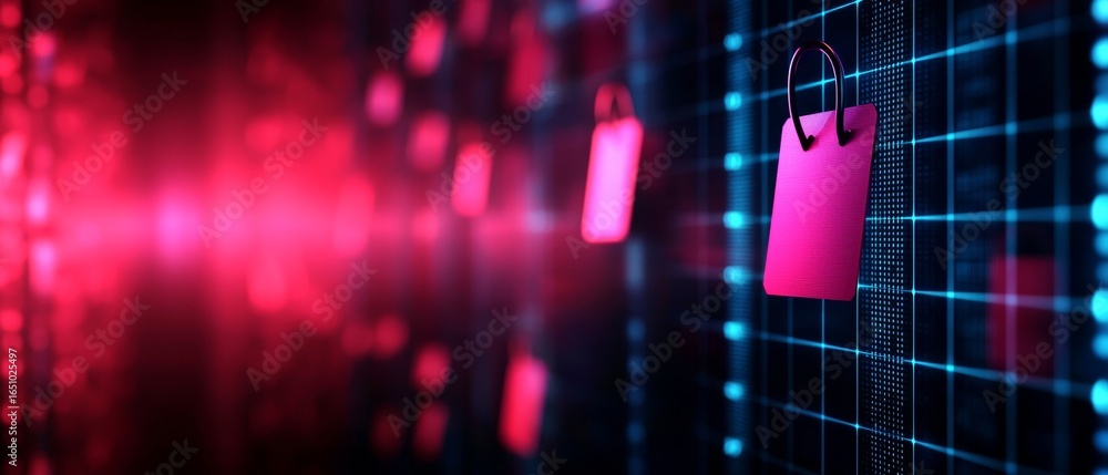 Aufkleber abstract digital art with pink locks on a glowing grid, symbolizing cybersecurity.