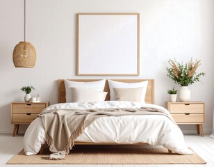 Fototapeta premium Bright, minimalist bedroom with a wooden bed frame, white linens, a woven rug, and a blank square frame hanging above the bed.