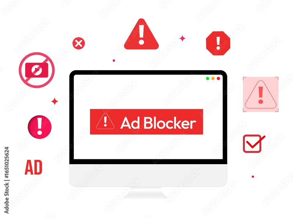 Poster ad blocker on the computer screen with red signs floating, modern design png