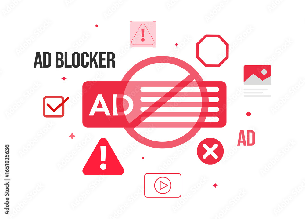 Poster ad blocker red design with errors and alerts, png
