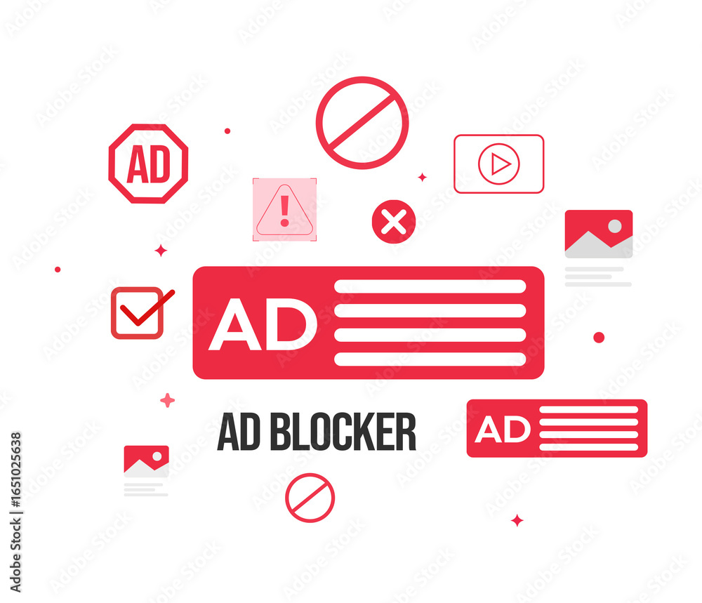Poster ad blocker with multiple red notifications and floating signs, transparent design background.