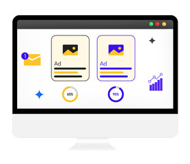 Ads testing side by side with performance indicator inside screen, transparent png backdrop.