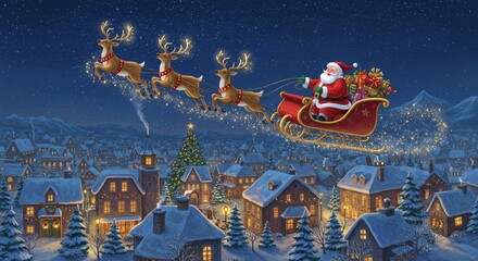 Santa's Christmas Eve Flight - Santa Claus in his sleigh pulled by reindeer flies over a snow covered town on Christmas Eve