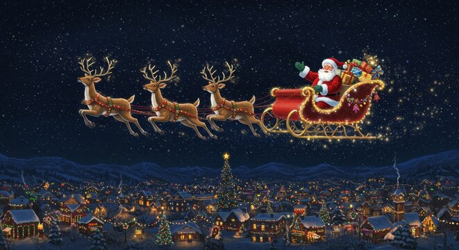 Santa's Christmas Eve Flight - Santa Claus in his sleigh pulled by reindeer flies over a snow covered Christmas town at night