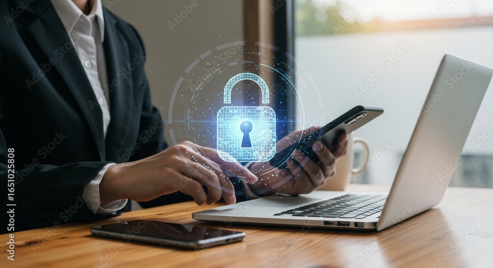 Poster secure online business practices - a businessperson uses a laptop and phone, with a lock icon signif