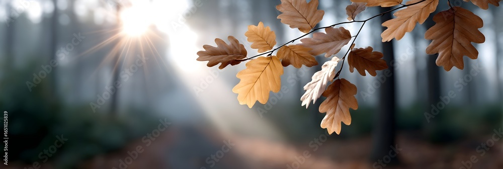 Poster autumnal forest with warm sunrays filtering through the trees