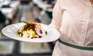 Fresh gourmet salad with grilled chicken, cranberries, and edible flower served on a white plate, held by person in white shirt at restaurant
