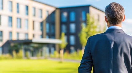 Businessman in suit walking towards modern office building with green landscape and clear sky