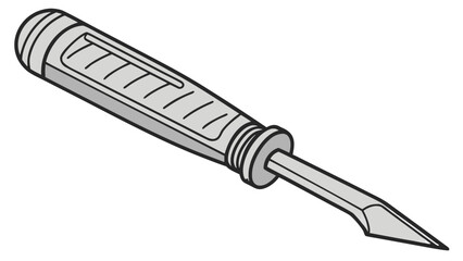 Illustration of a gray chisel with a plastic handle and a flat blade on a white background