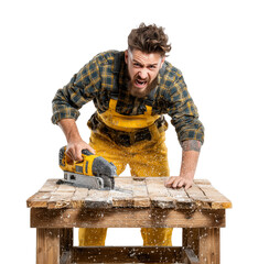 A clumsy carpenter, in the middle of sawing wood, looks frustrated, isolated on a transparent background.