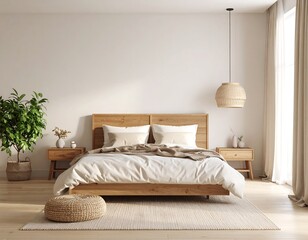 Bright, minimalist bedroom interior featuring a wooden bed with neutral bedding, bedside tables, a potted plant, and a woven pendant light.