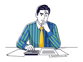 Analyst's Analysis: A focused accountant, thoughtfully analyzing financial documents, and meticulously calculating with a calculator.