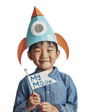 A smiling young Asian boy, wearing a paper rocket hat and holding a flag that says "My Moon," is isolated on a transparent background.