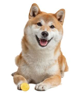A smiling Shiba Inu dog with its tongue out, lying down with a single gold coin between its paws, is isolated on a transparent background.