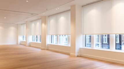 Obraz premium Modern, minimalist interior of a bright room with large windows and wooden flooring, showcasing natural light