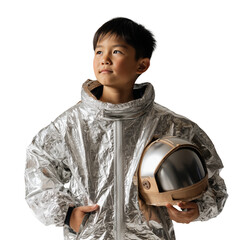 An Asian boy, wearing a handmade astronaut suit and holding a helmet, looks up and to the side, isolated on a transparent background.