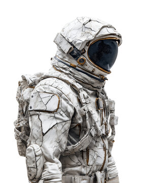 A man, wearing a worn vintage cosmonaut suit with cracks and weathering, looks down and to the side, isolated on a transparent background.