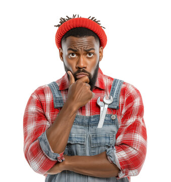 A male laborer, wearing a red beanie and overalls, holds his chin while looking at the camera with a confused expression, isolated on a transparent background.