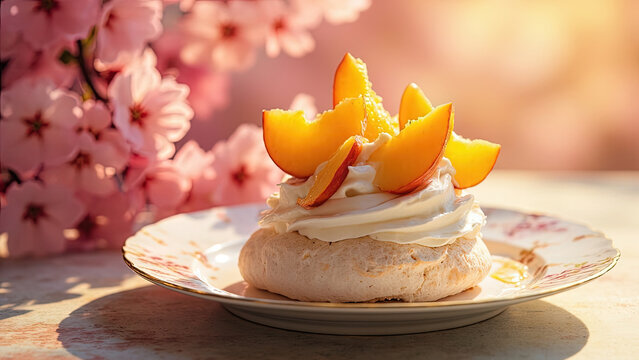 Peach pavlova dessert with whipped cream and sliced peaches on a floral plate in front of pink cherry blossoms with sunlight - Powered by Adobe